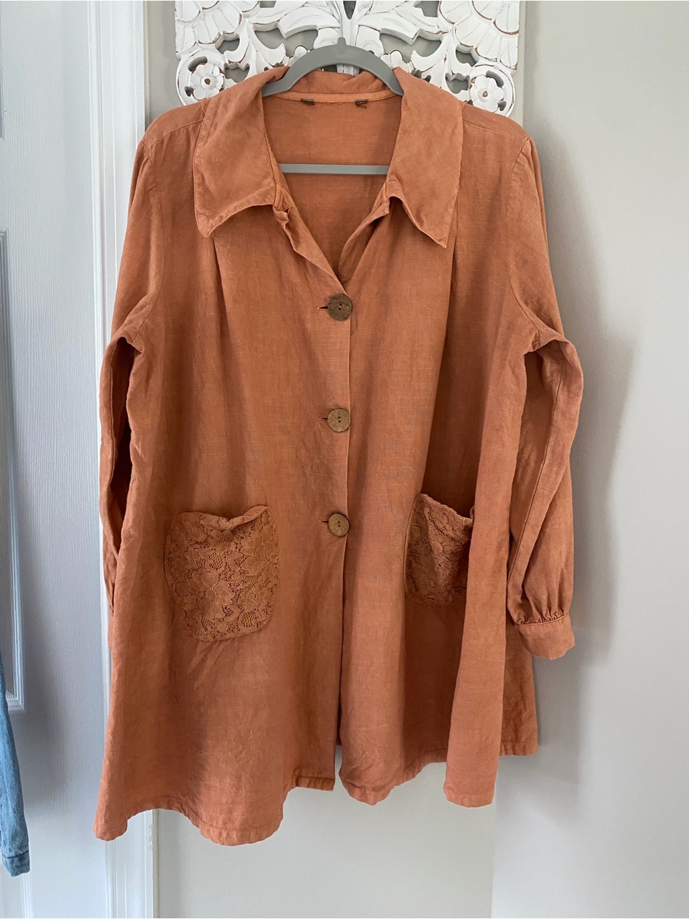 Women's Rust Linen Button-Front Tunic Artsy Lagenlook Earthy XL